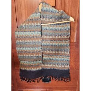 Vintage Liberty Scarf Brown Sage Tan Multi-color Geometric Pattern w/ Fringe